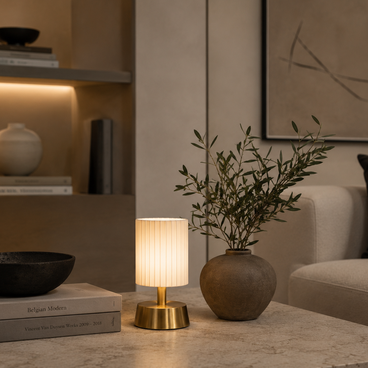Small cordless table lamp with a plant and books on a surface in a cozy room setting.