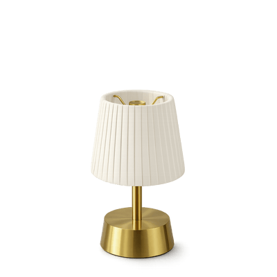 Small rechargeable table lamp with a white pleated shade and brass base