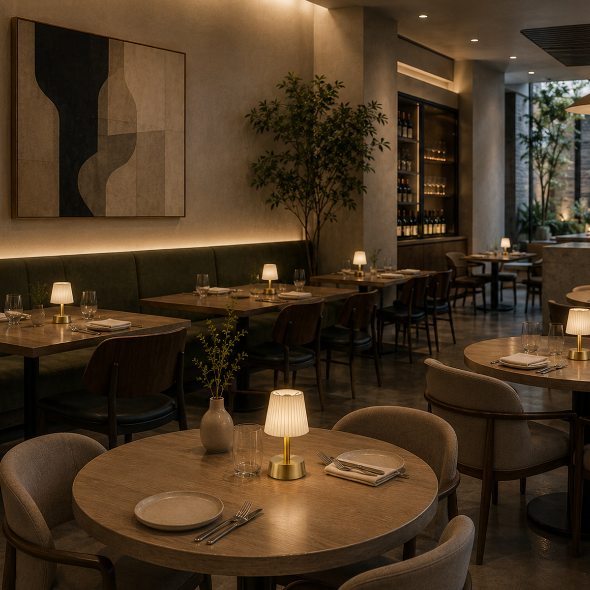Modern restaurant interior with tables, cordless lamps, chairs, and decor.