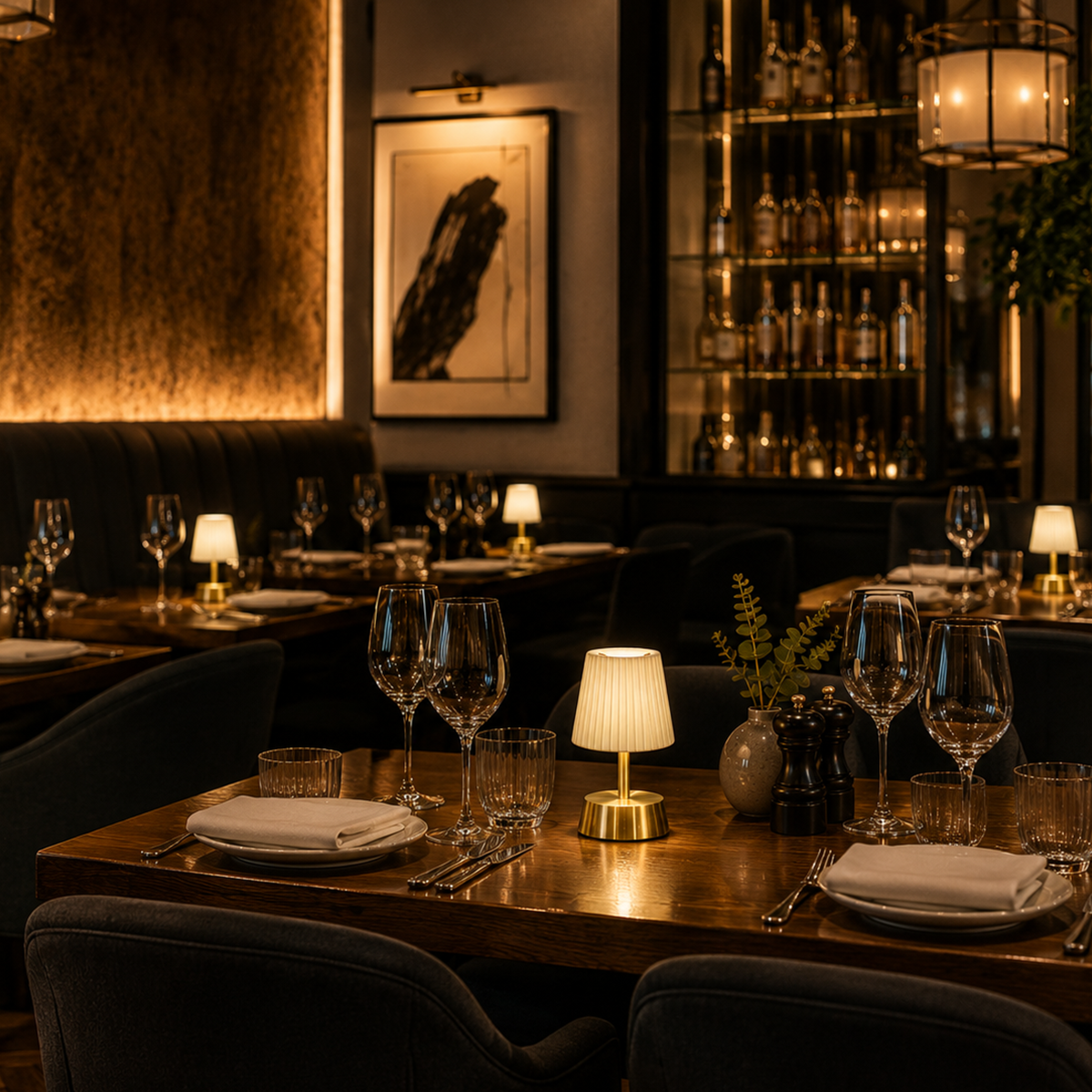Dining table set with cordless lamps, glasses and plates in a dimly lit restaurant.