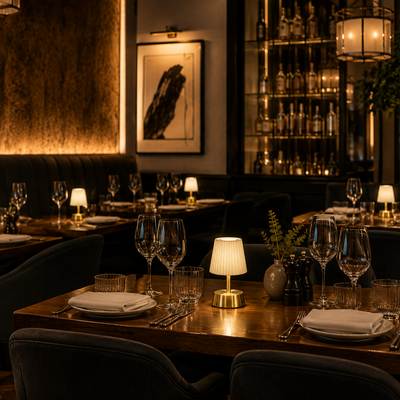 Dining table set with cordless lamps, glasses and plates in a dimly lit restaurant.
