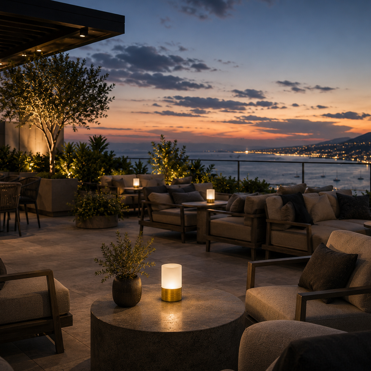 Evening outdoor seating area with cordless lamps and an ocean view and sunset