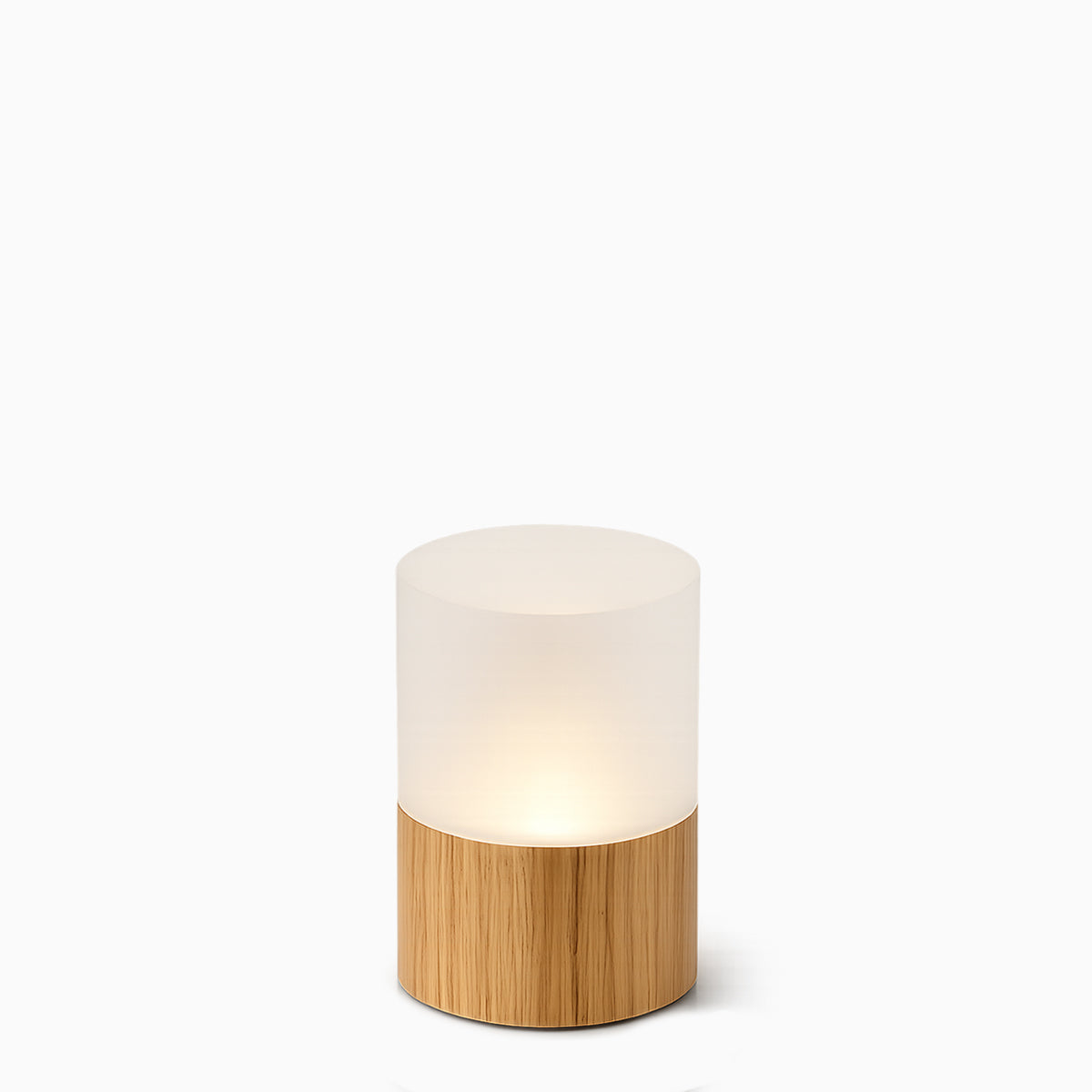 Small Ccordless lamp with a wood base on a white background