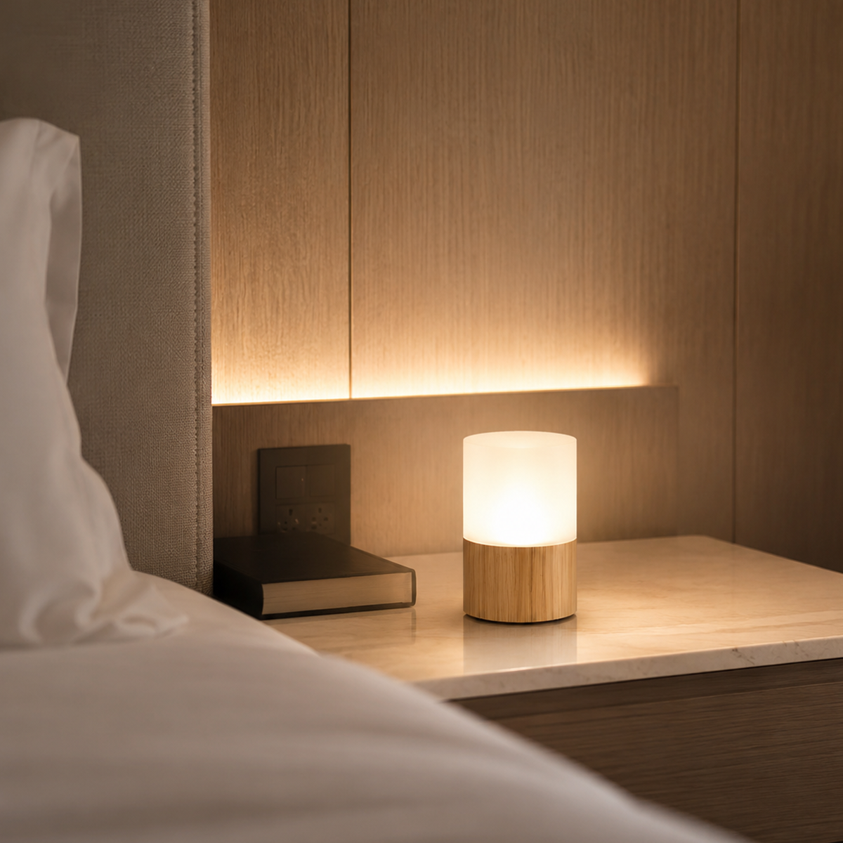 Bedroom scene with a nightstand, cordless lamp, and book against a wooden wall.
