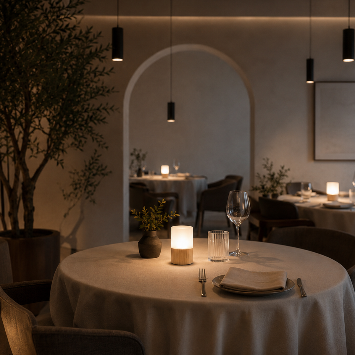 Dining table set with plates, glasses, and a cordless lamp in a dimly lit restaurant.