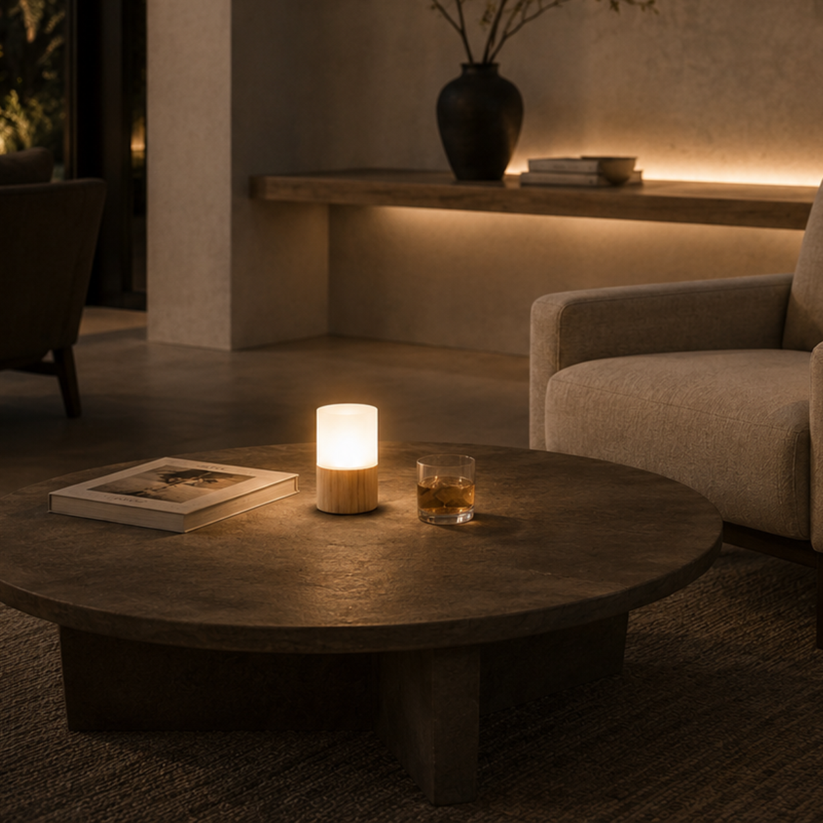 Cozy living room with a round wooden coffee table, cordless lamp, glass of whiskey, and book.