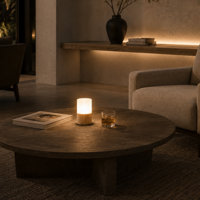 Cozy living room with a round wooden coffee table, cordless lamp, glass of whiskey, and book.
