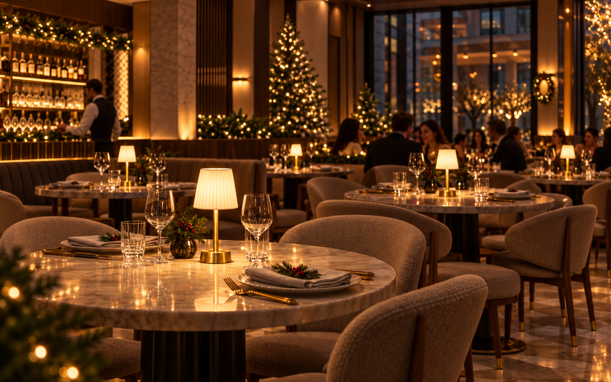 Fine dining restaurant with Christmas decorations, tables with cordless table lamps, wine glasses and soft chairs.