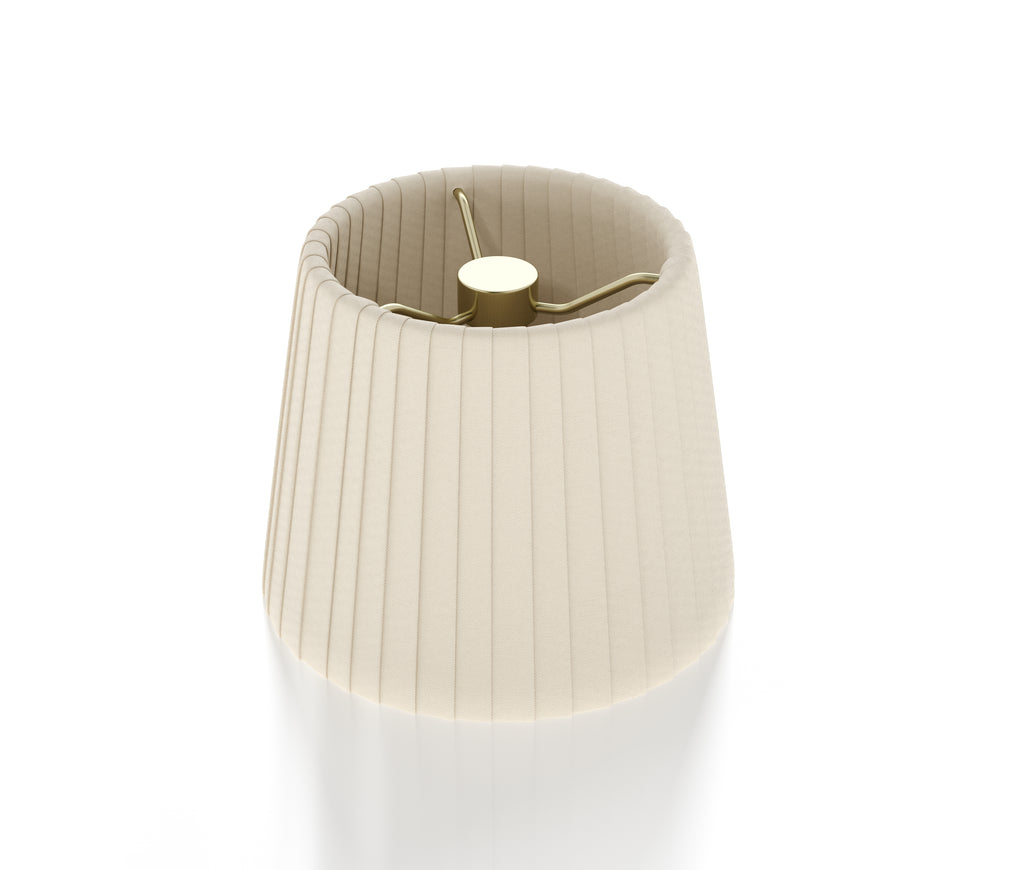 Silk pleated ivory lamp shade with a brass fixing on a white background.