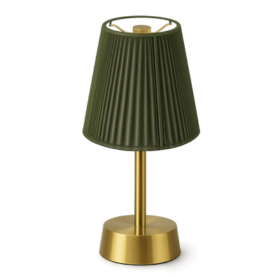 Rechargeable table lamp with green pleated shade and gold base