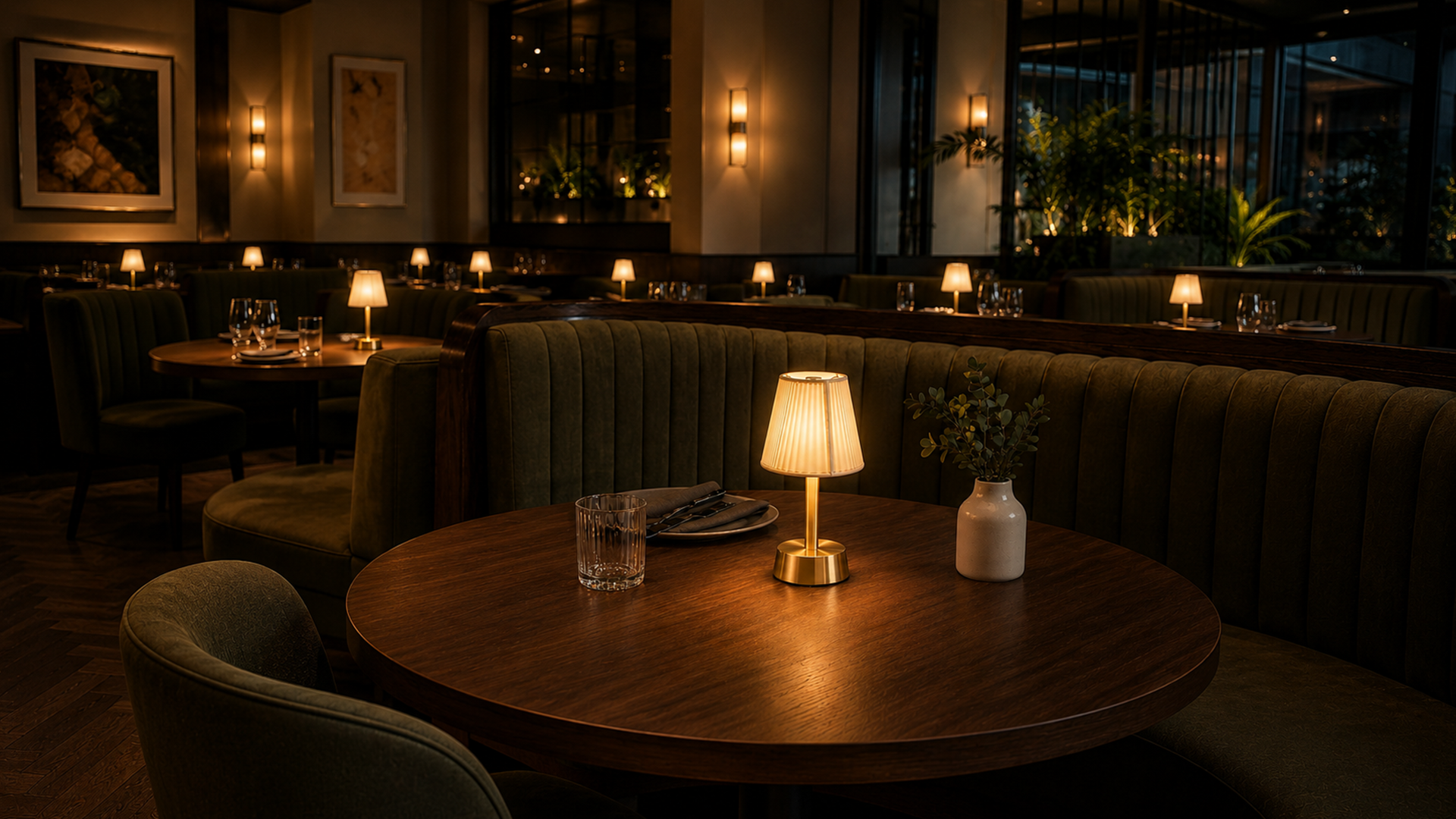 Dark restaurant interior with rechargeable table lamps, tables, chairs, and decorative elements.