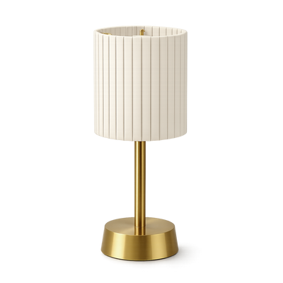 Sofia Stoff-Tischlampe ohne Kabel, Messing, elfenbeinfarbener Plissee-Schirm [A]