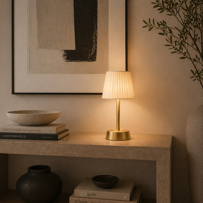 Liberty Rechargeable Cordless Table Lamp, Brass, Ivory Pleated Shade [D]