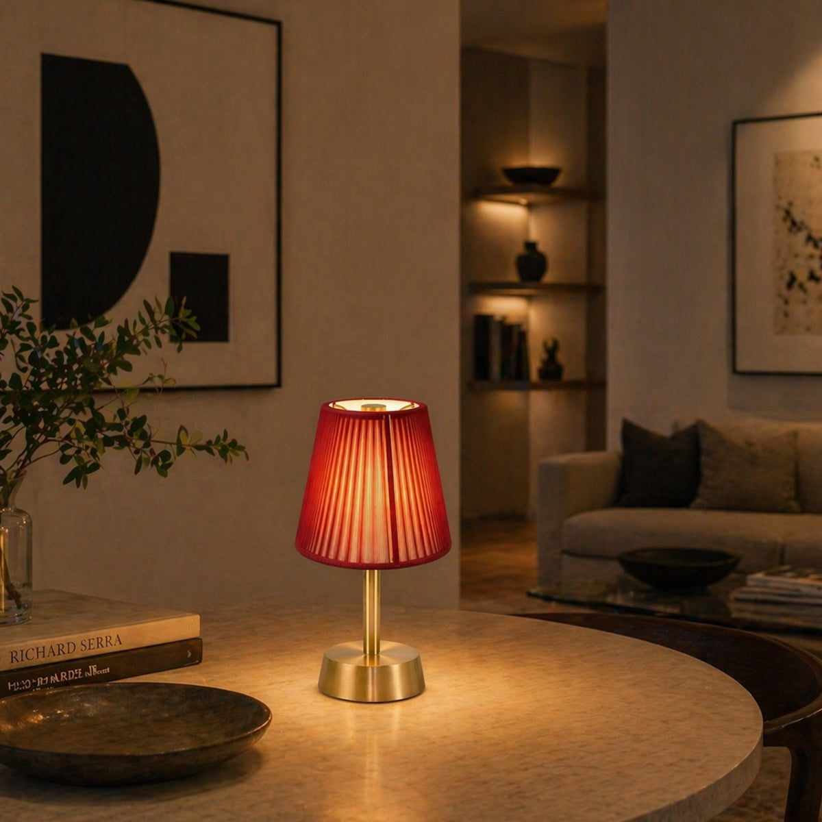Liberty Rechargeable Cordless Table Lamp, Brass, Red Shade [C]