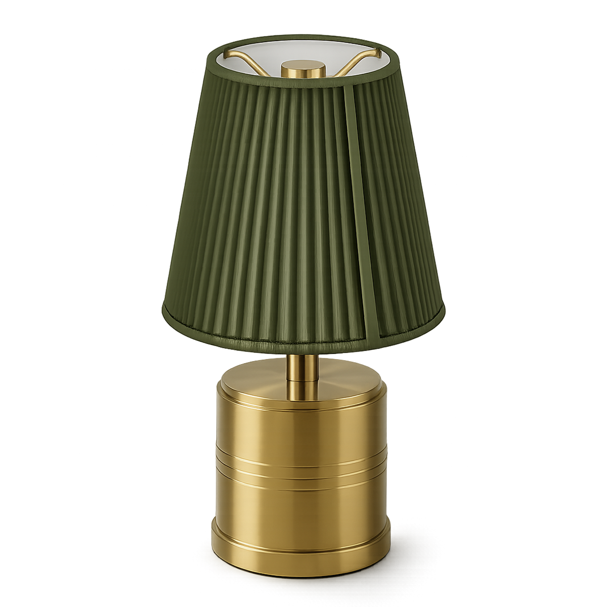 Luxe Rechargeable Cordless Table Lamp - Brass - Moss Green Cotton Threaded Shade [C]