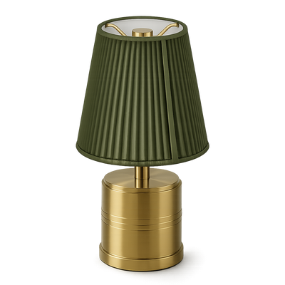 Luxe Rechargeable Cordless Table Lamp - Brass - Moss Green Cotton Threaded Shade [C]