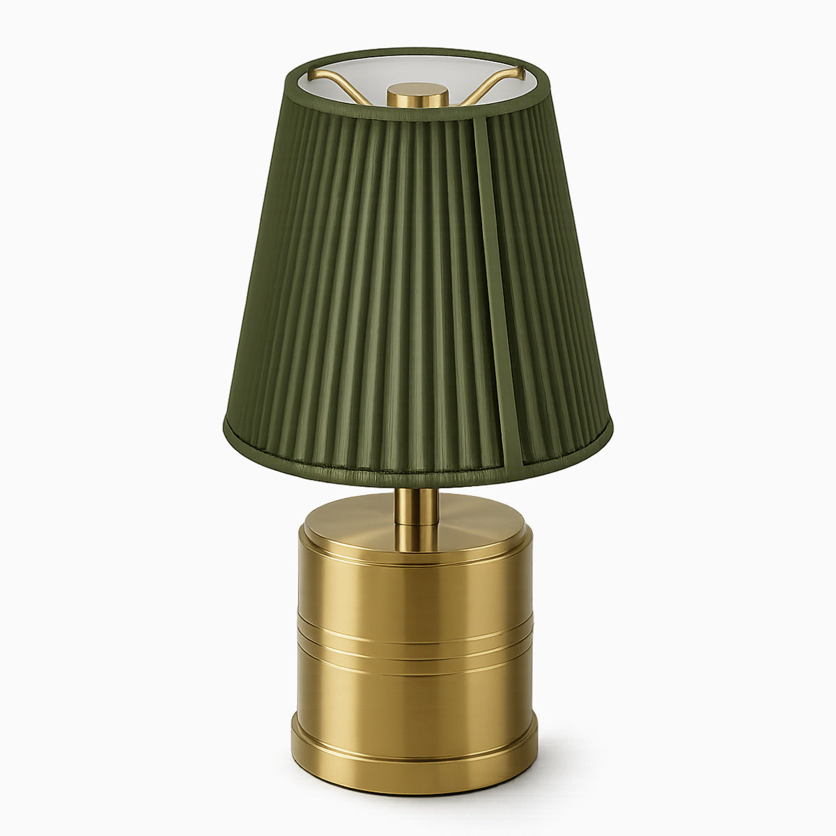 Luxe Rechargeable Cordless Table Lamp - Brass - Moss Green Cotton Threaded Shade [C]