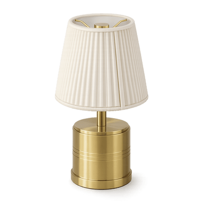 Rechargeable table lamp with a white pleated shade and brass base.