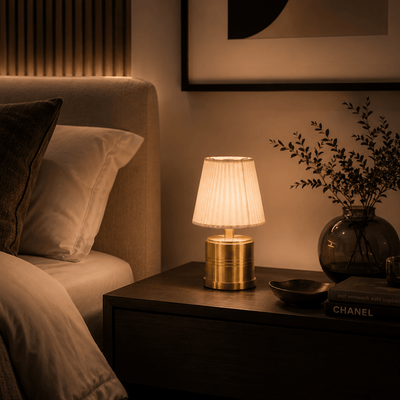 Gold rechargeable lamp on a wooden nightstand next to a bed with pillows, in a warm and cozy bedroom setting.