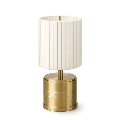 Rechargeable table lamp with white ribbed shade and brass base