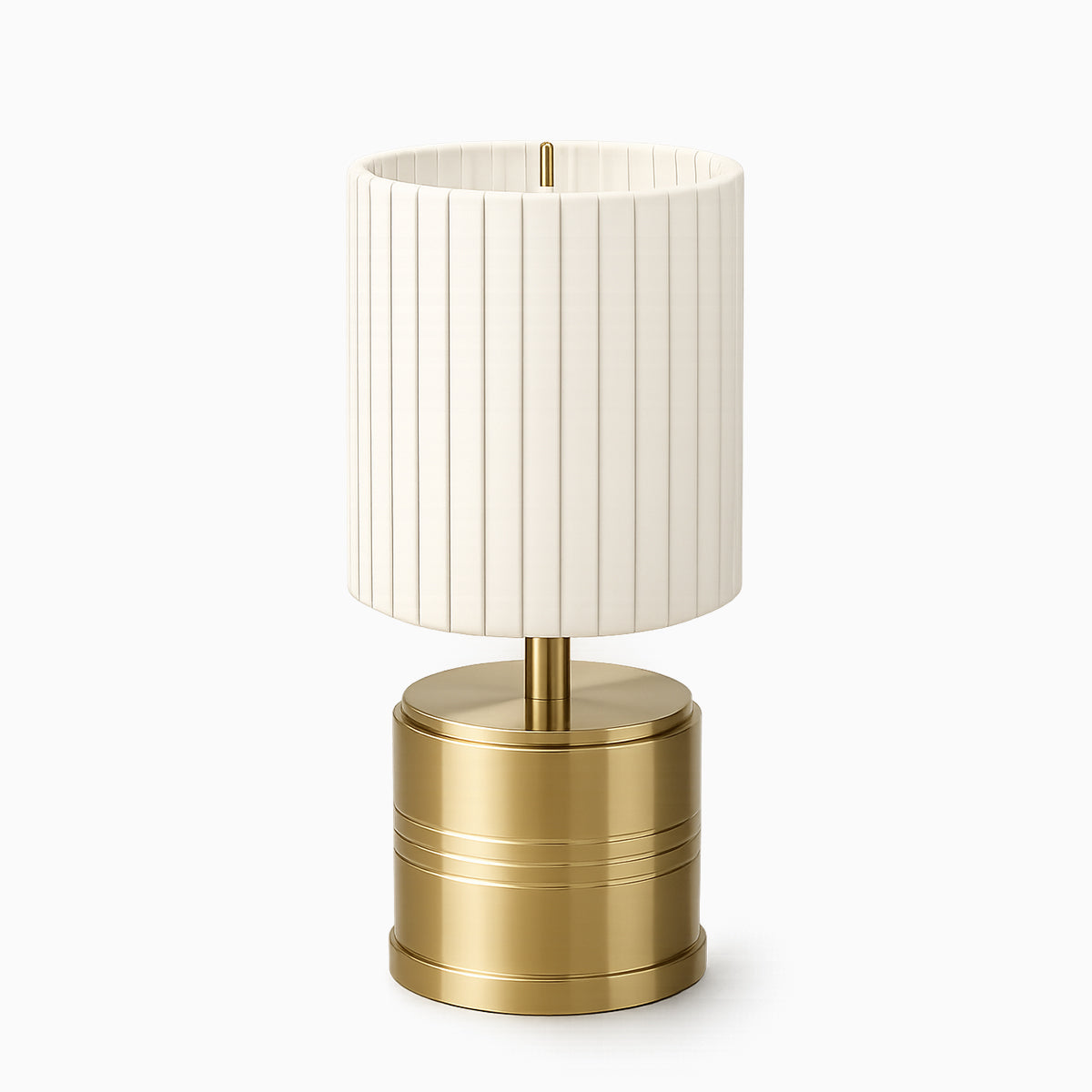 Cordless table lamp with a ivory cotton shade and brass base on a white background