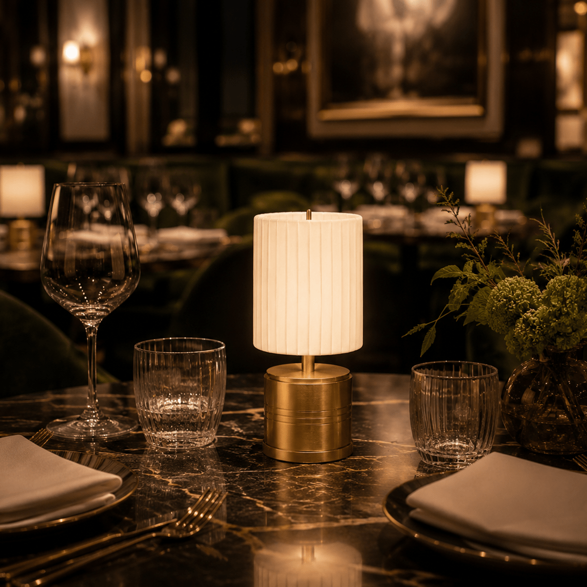 Dining table setting with a rechargeable cordless lamp, glasses, and plates in a dimly lit restaurant.