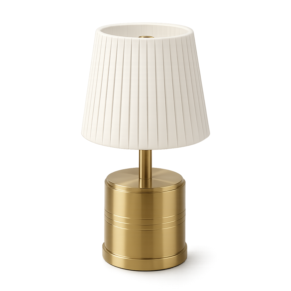 Luxe Rechargeable Cordless Table Lamp, Brass, Ivory Pleated Shade [D]