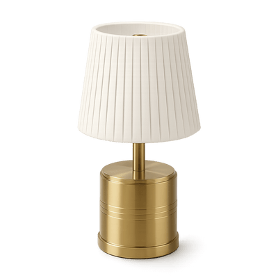Rechargeable table lamp with white pleated shade and brass base