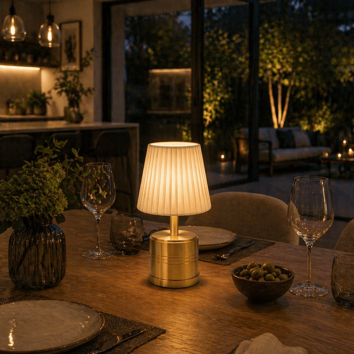 Dining table setting with a rechargeable cordless lamp, wine glasses, and plates in a cozy indoor setting.