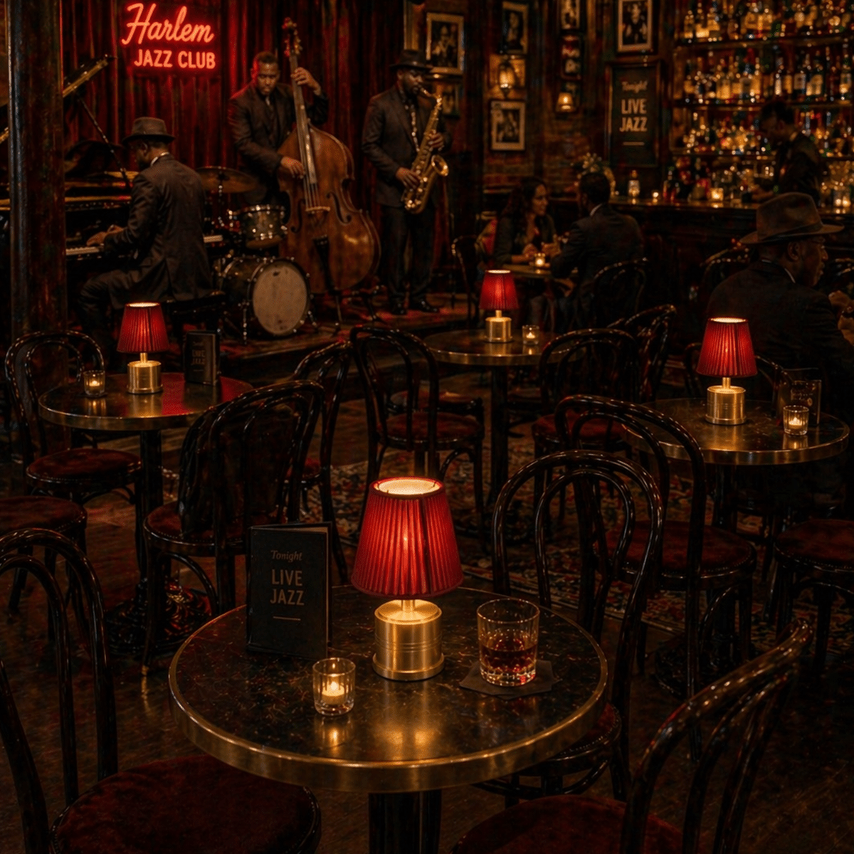 A rechargeable table lamp at a Jazz club bar with musicians playing and patrons sitting at tables.