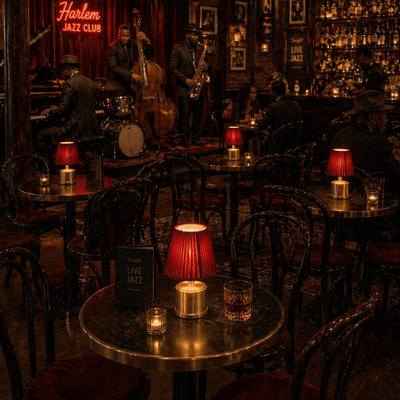 A rechargeable table lamp at a Jazz club bar with musicians playing and patrons sitting at tables.