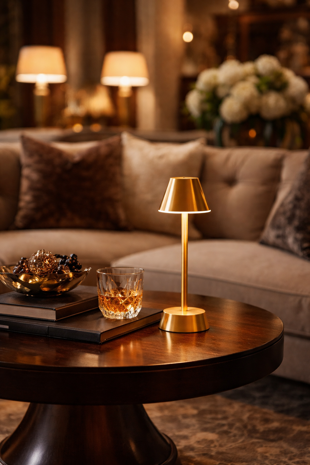 Gold cordless table lamp on a wooden table with a glass of whiskey and a bowl in a cozy living room.