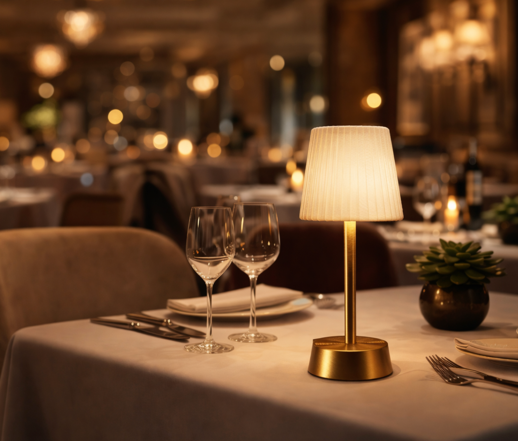 Dining table setting with wine glasses, rechargeable table lamp, and cutlery in a restaurant ambiance.