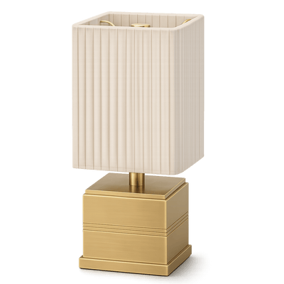 Rechargeable table lamp with beige pleated shade and brass base