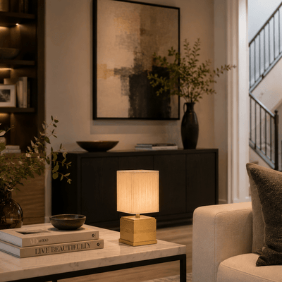 Living room with a rechargeable lamp on a table, books, and a couch.