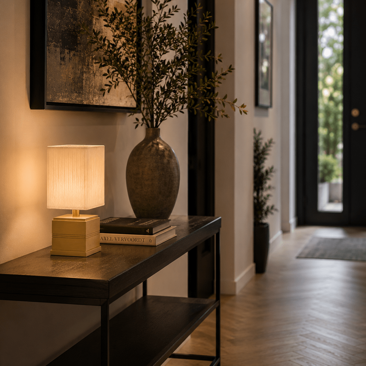 Decorative rechargeable table with vase, and books in a home interior setting.