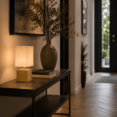 Decorative rechargeable table with vase, and books in a home interior setting.