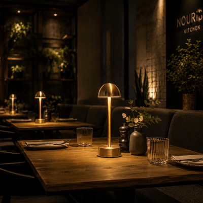 Dining table setting with gold rechargeable lamp and glasses in a dimly lit restaurant.