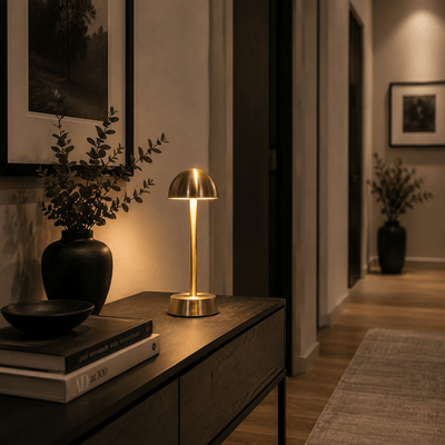 Modern interior with a gold rechargeable cordless lamp, books, and a vase on a wooden surface.