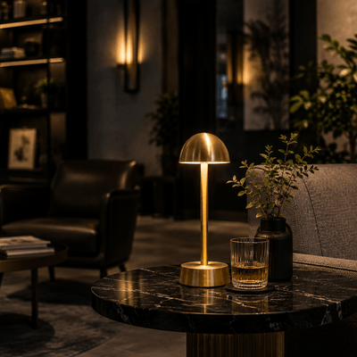Gold rechargeable table lamp on a marble table with a glass of whiskey in a dimly lit room.