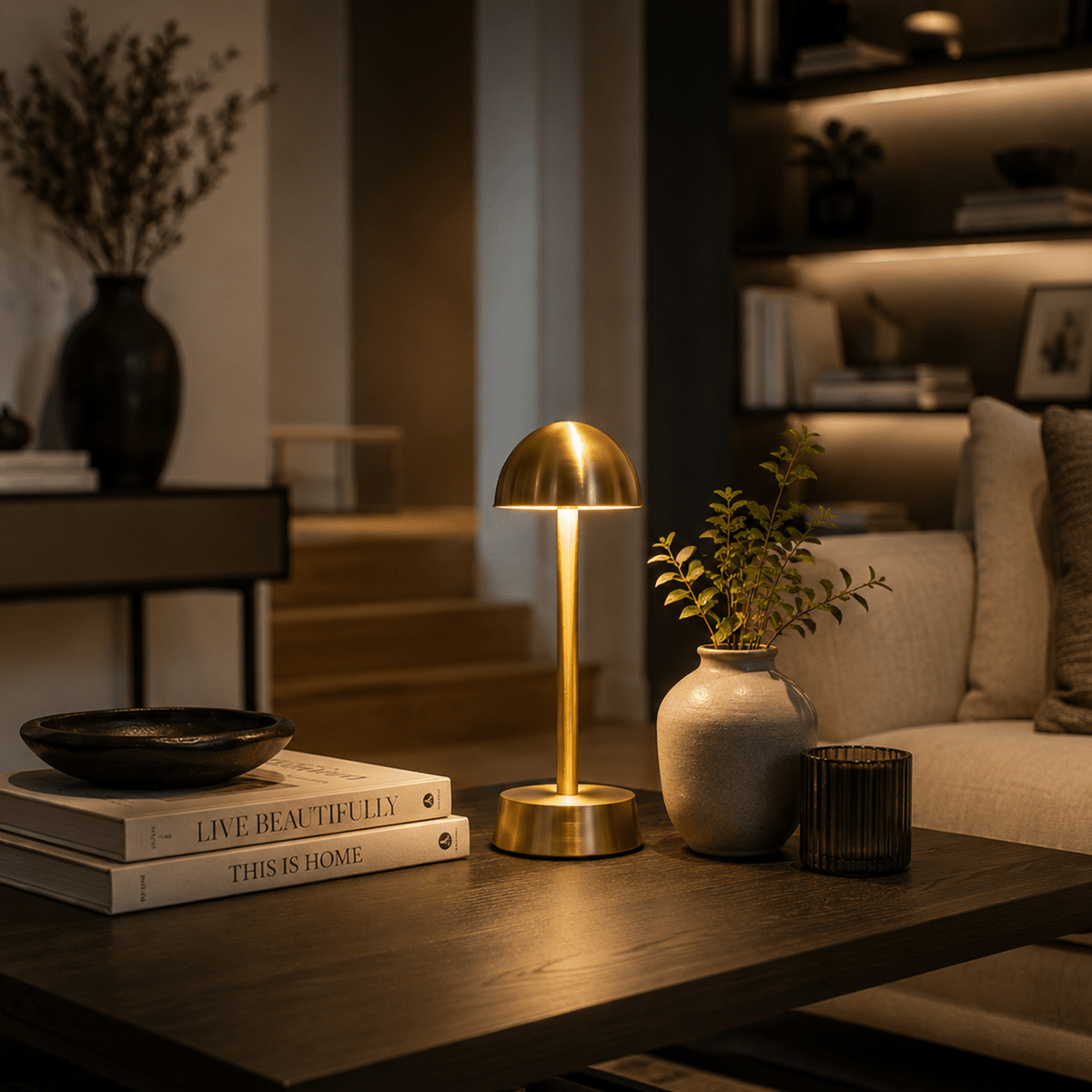 Gold rechargeable table lamp on a wooden table with books and decor in a cozy living room.
