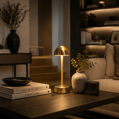 Gold rechargeable table lamp on a wooden table with books and decor in a cozy living room.
