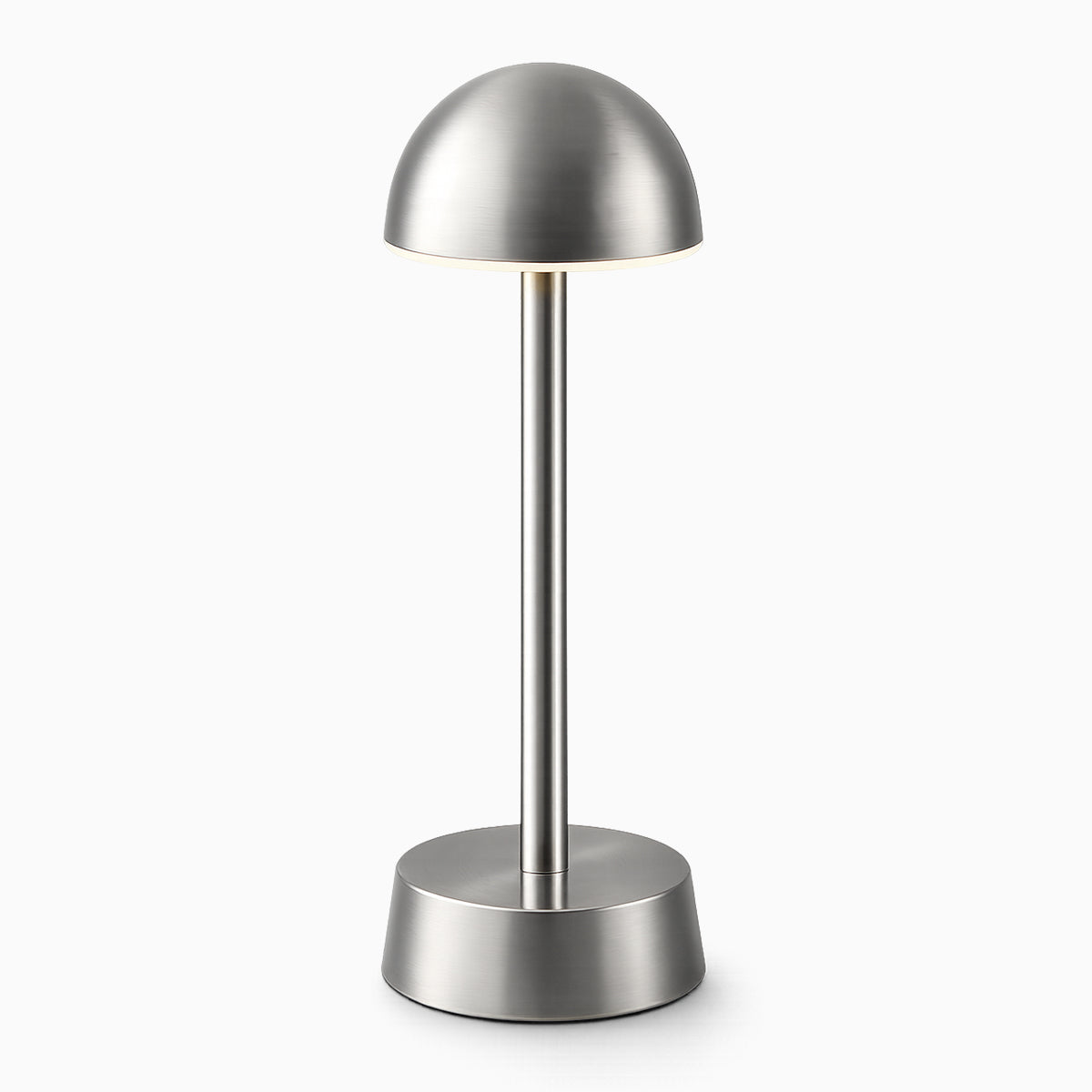 Silver cordless table lamp on a white background
