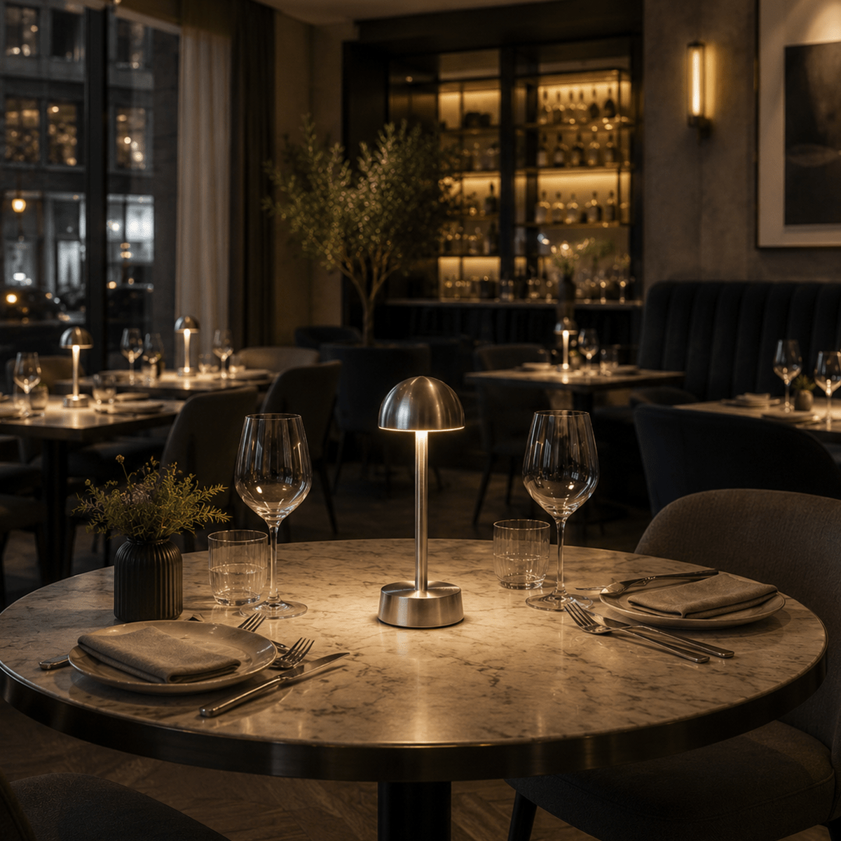 Dining table set with rechargeable table lamp, wine glasses, plates, and cutlery in a dimly lit restaurant.