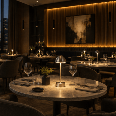 Dining area in a restaurant with rechargeable lamps, tables, chairs, and decorative elements.