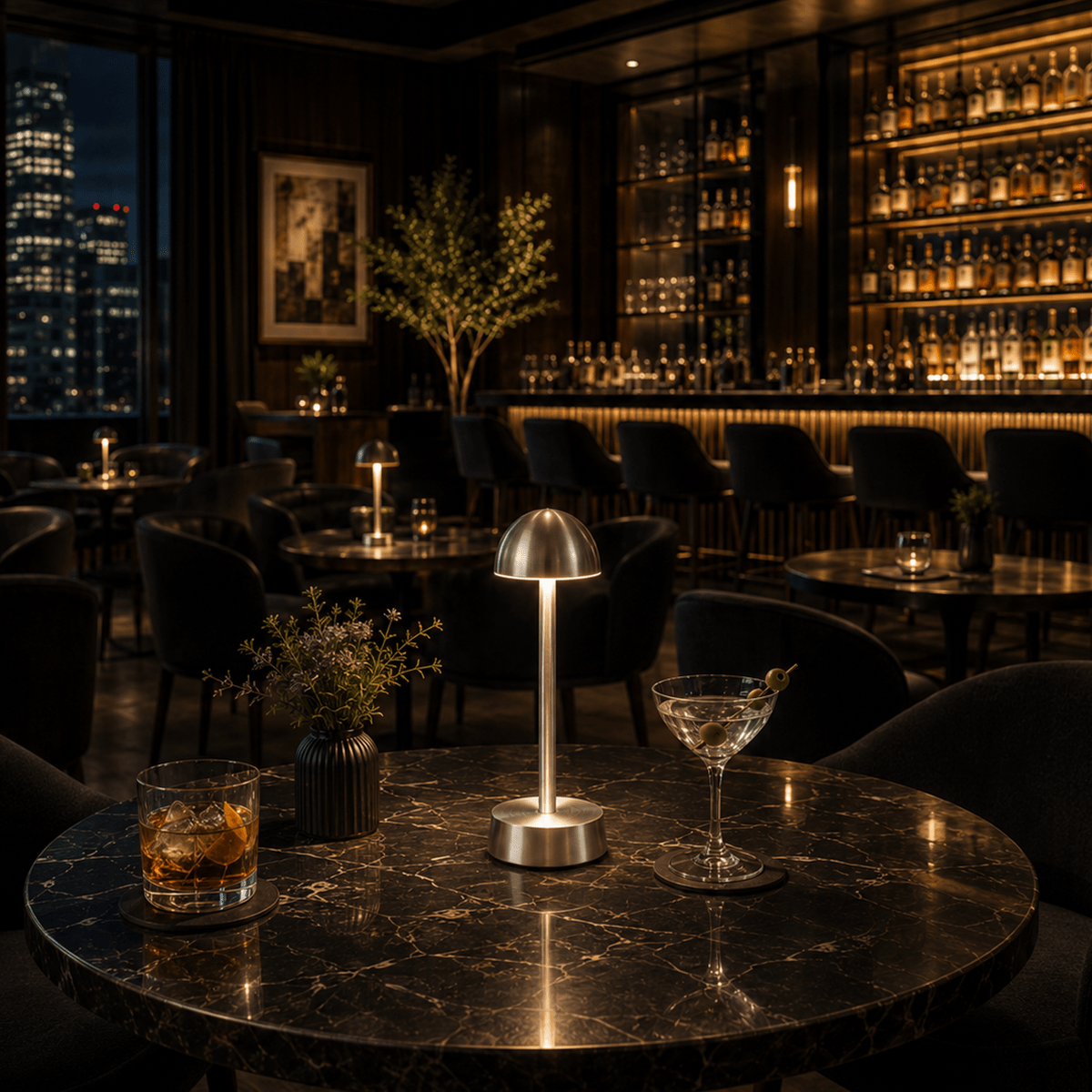 Luxurious bar setting with a table featuring a cocktail, a rechargeable lamp and a glass, with city skyline in the background.