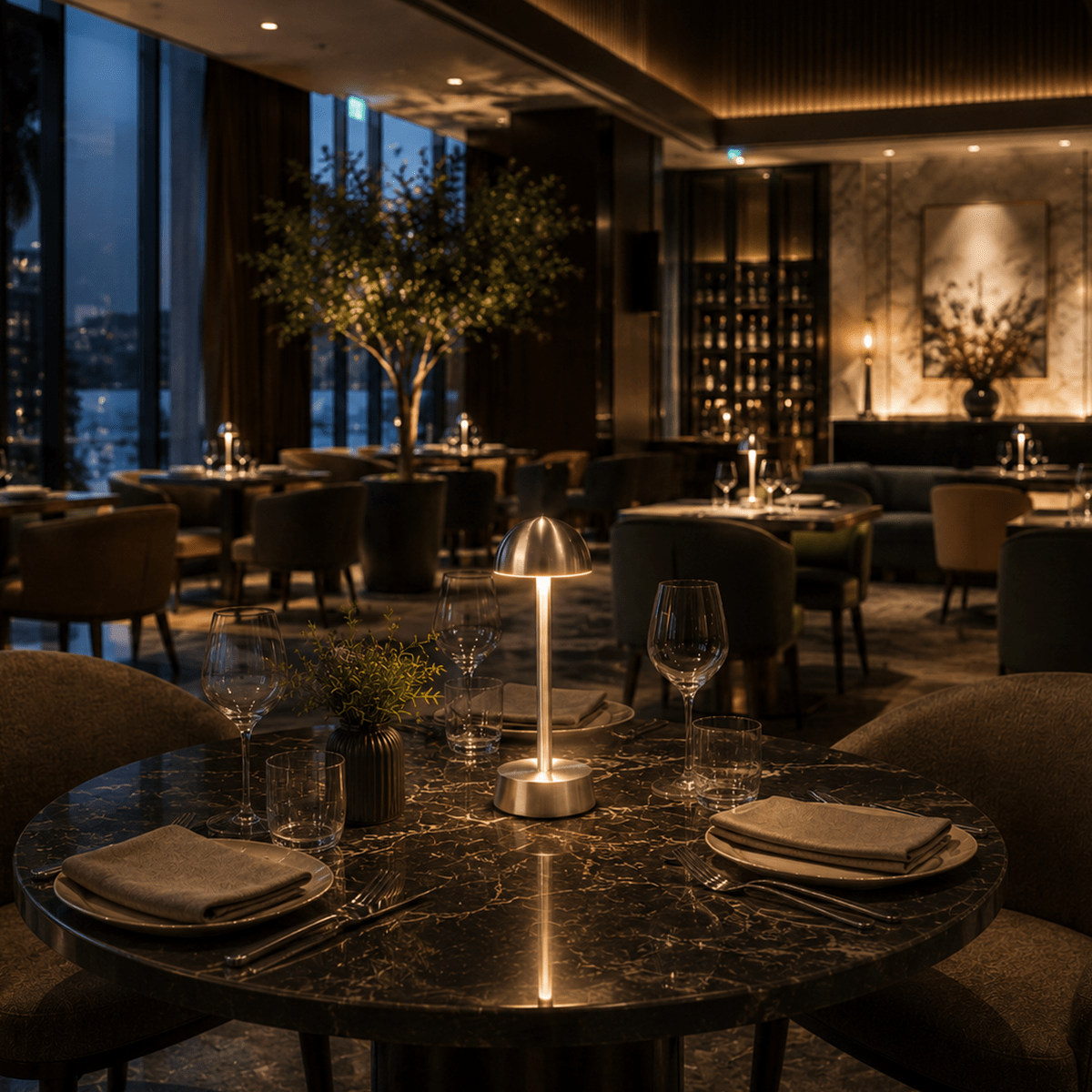 Dining area with rechargeable lamps on tables set for service in a dimly lit restaurant.