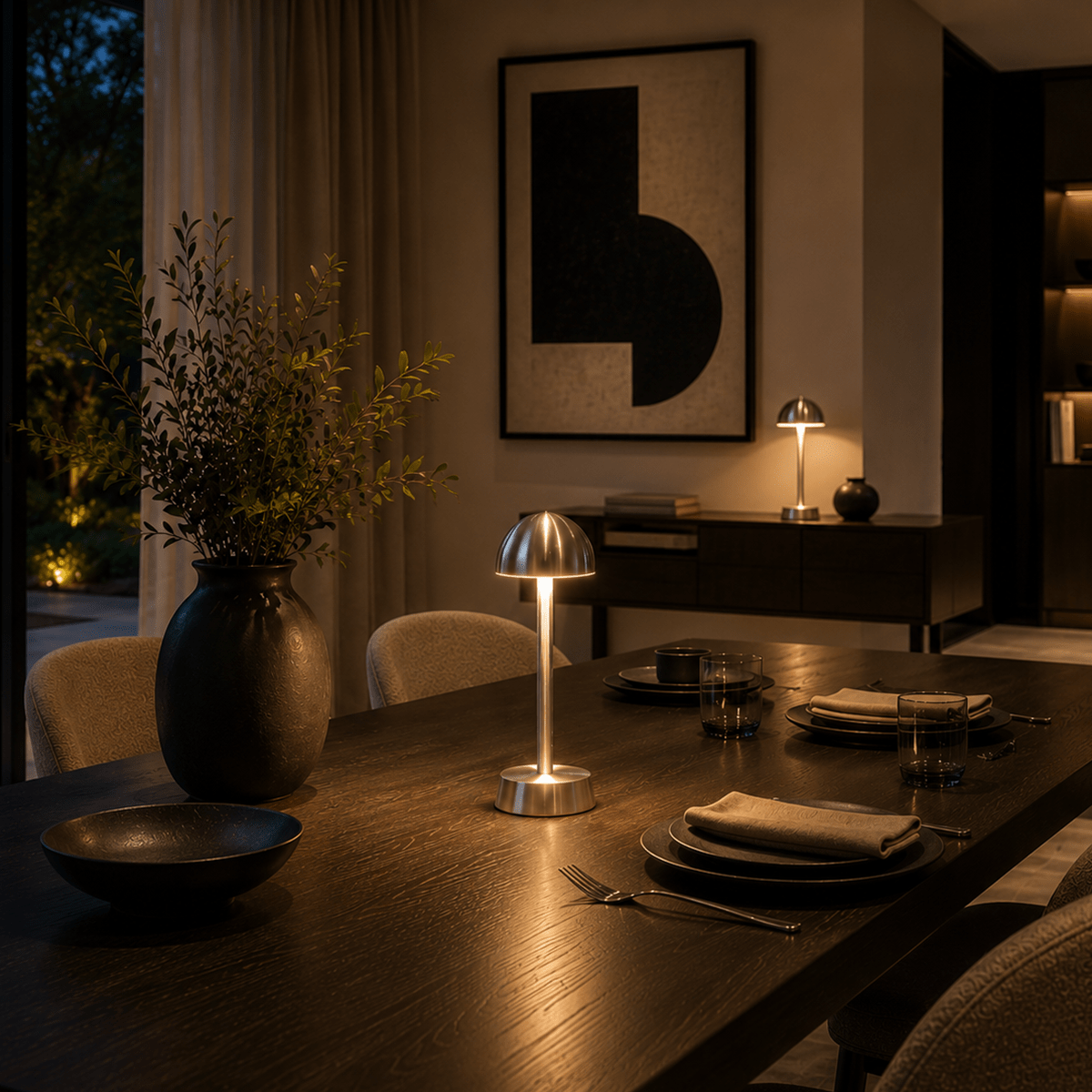 Dining table set with plates, napkins, and a rechargeable lamp in a dimly lit room.