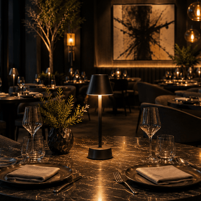 Dining room with tables set for dinner, with rechargeable table lamps in dimly lit ambiance