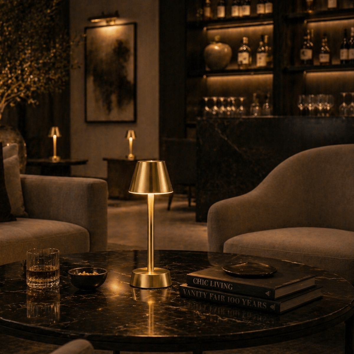 Modern interior with a brass rechargeable table lamp, books, and a glass on a dark marble table.